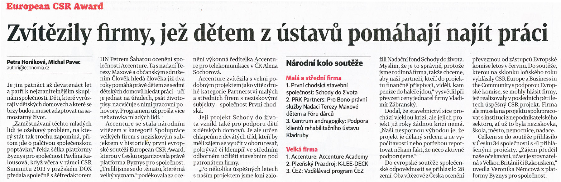 Zvítězily firmy, jež dětem z ústavů pomáhají najít práci